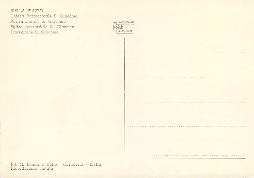 Retro non compilato di una cartolina storica con la dicitura Ed. G. Bonda e figlio, Cartoleria, Biella
